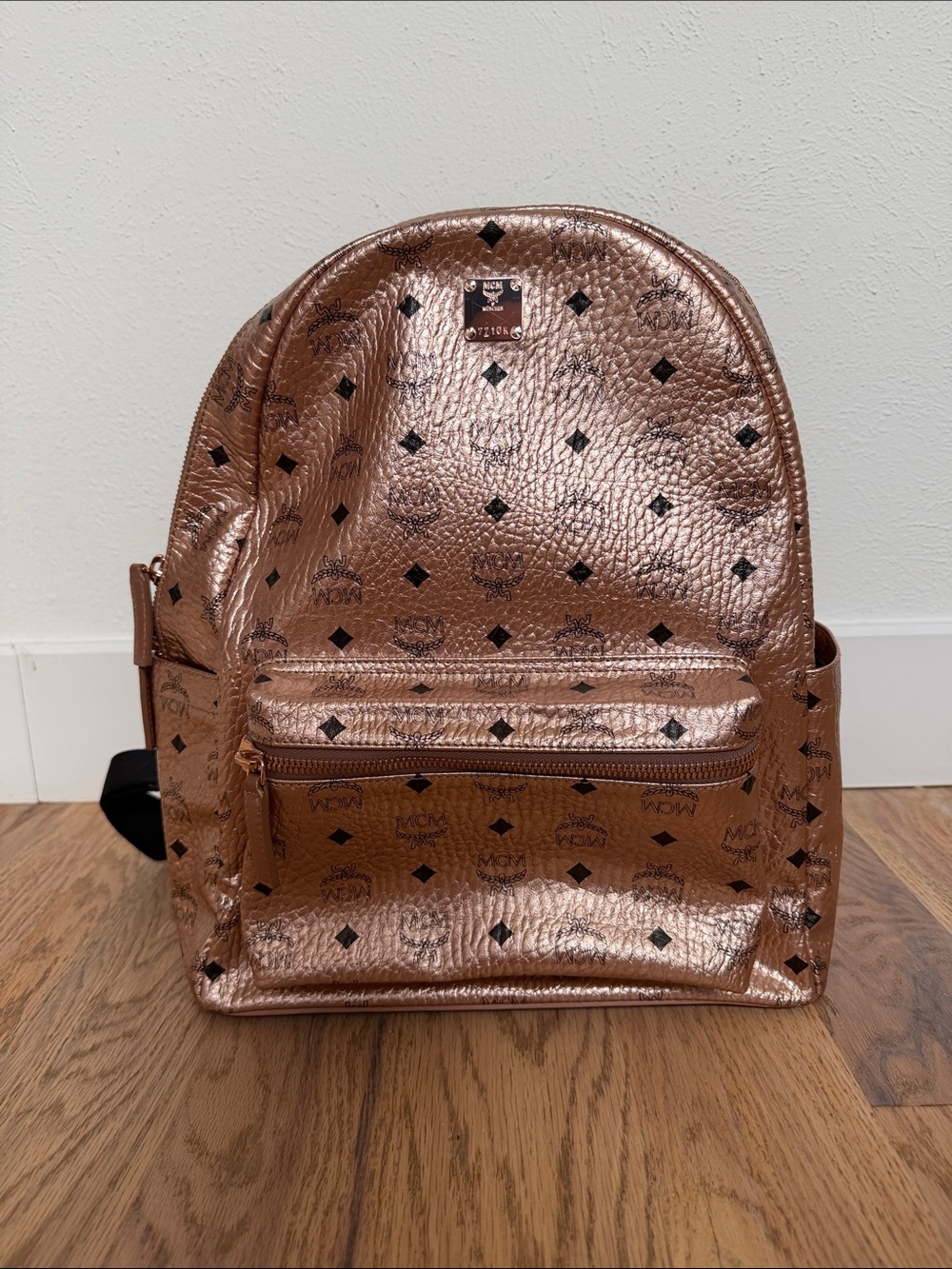 MCM Metallic Rose Gold Logo Backpack